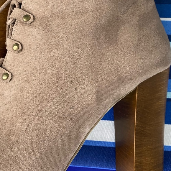 Light brown/beige suede like lace up open toe chunky high heel ankle booties - Picture 11 of 15
